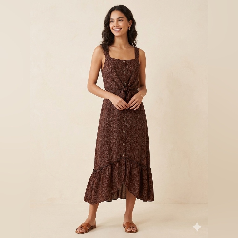 Sienna Sky Brown Button-Front Tie Waist Maxi Dress